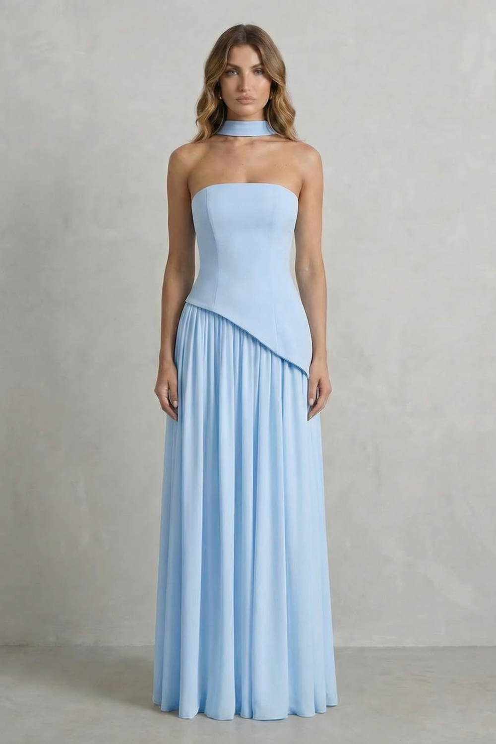 Women's Strapless Maxi Dress High Slit Draped Asymmetric Hem Corset Back