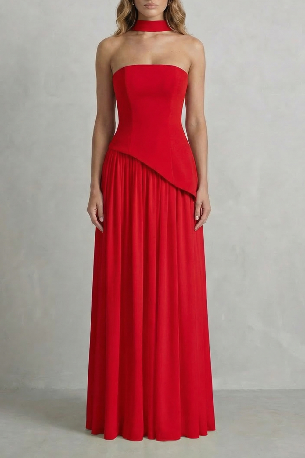 Women's Strapless Maxi Dress High Slit Draped Asymmetric Hem Corset Back
