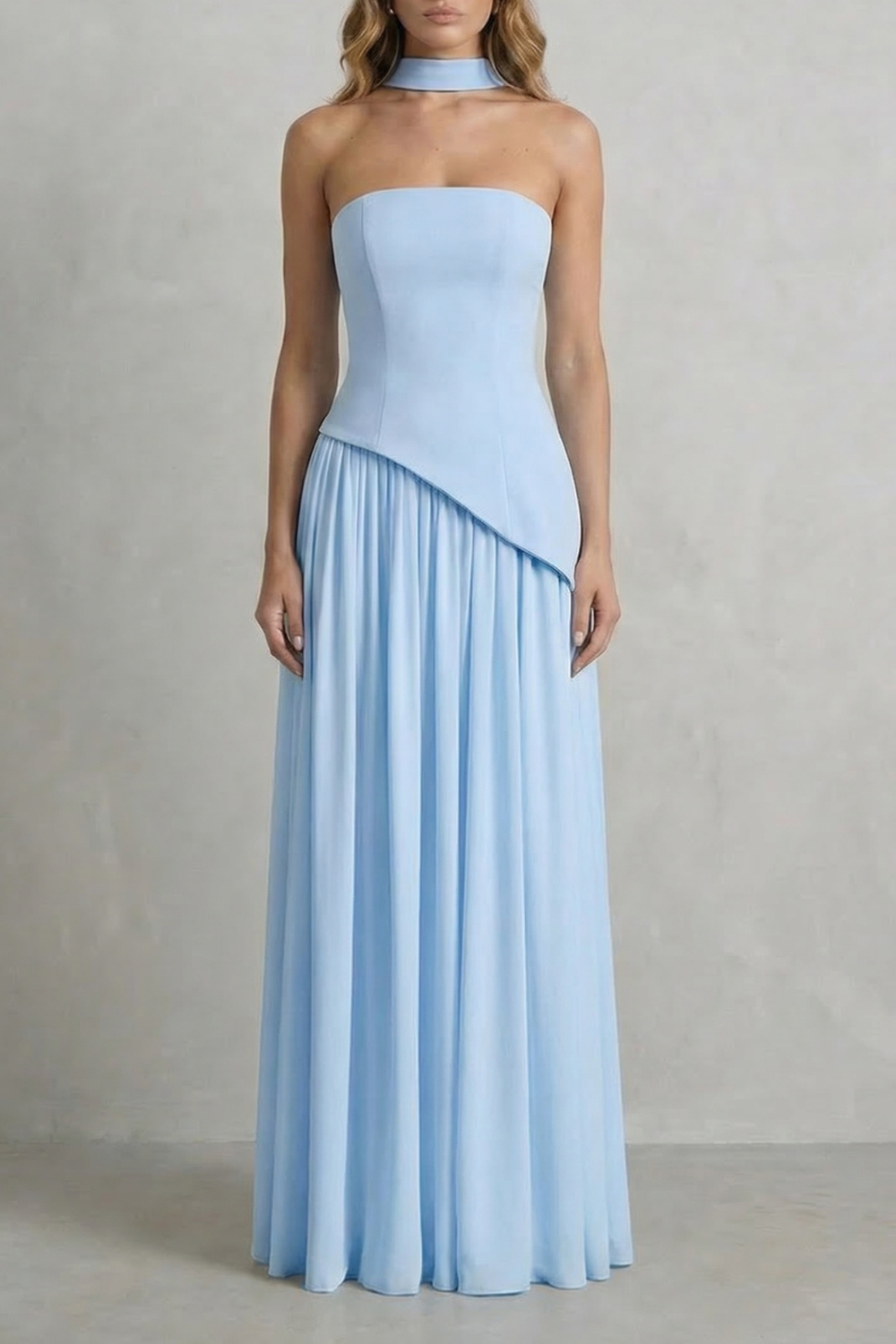 Women's Strapless Maxi Dress High Slit Draped Asymmetric Hem Corset Back