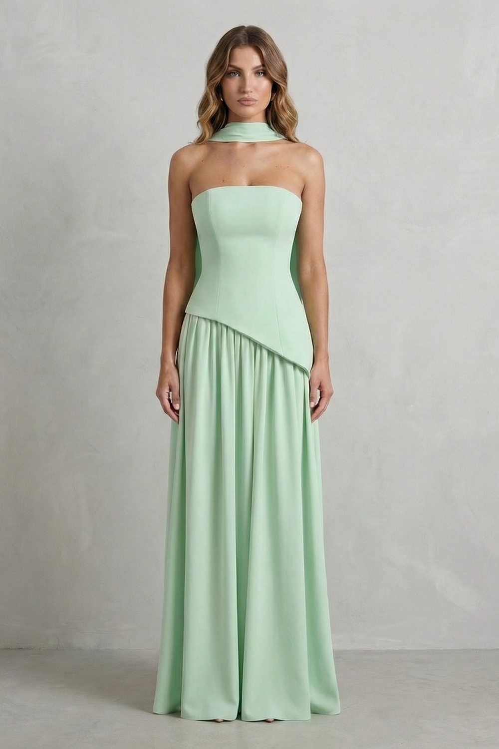 Women's Strapless Maxi Dress High Slit Draped Asymmetric Hem Corset Back