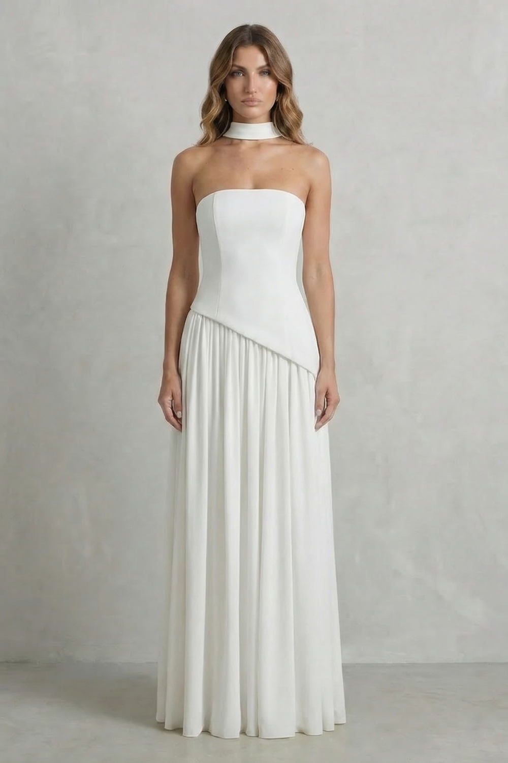 Women's Strapless Maxi Dress High Slit Draped Asymmetric Hem Corset Back