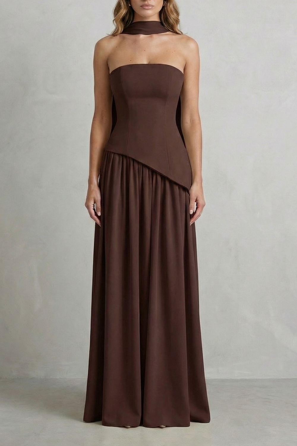 Women's Strapless Maxi Dress High Slit Draped Asymmetric Hem Corset Back