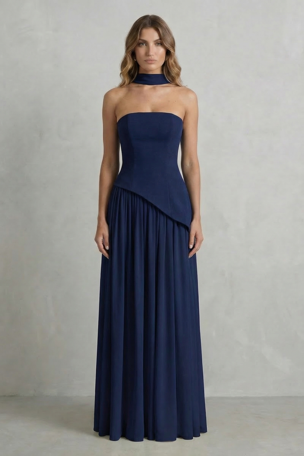 Women's Strapless Maxi Dress High Slit Draped Asymmetric Hem Corset Back