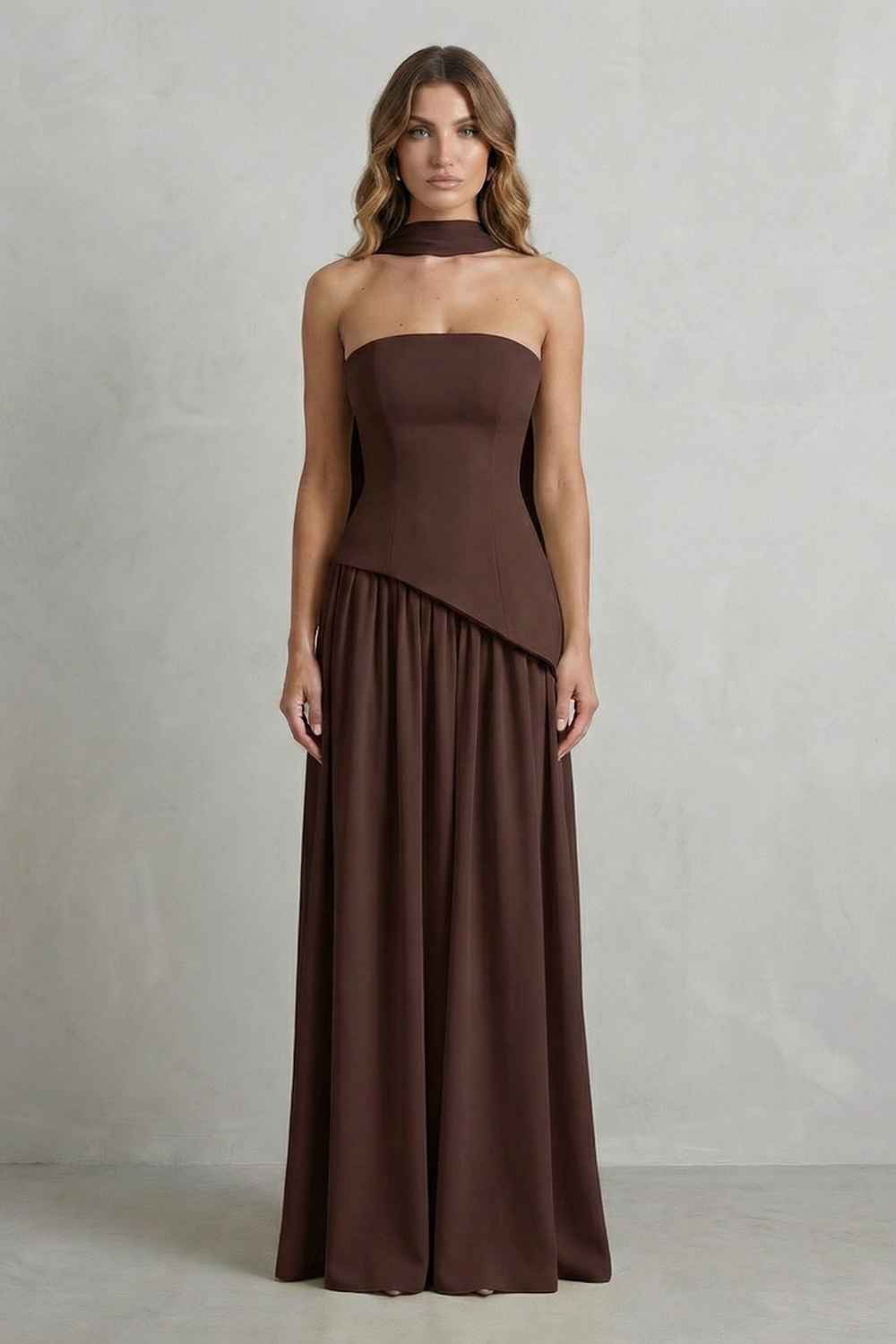 Women's Strapless Maxi Dress High Slit Draped Asymmetric Hem Corset Back