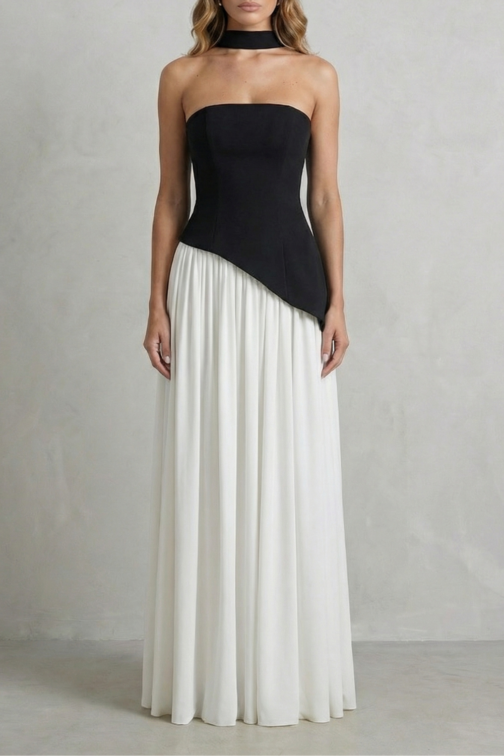 Women's Strapless Maxi Dress High Slit Draped Asymmetric Hem Corset Back