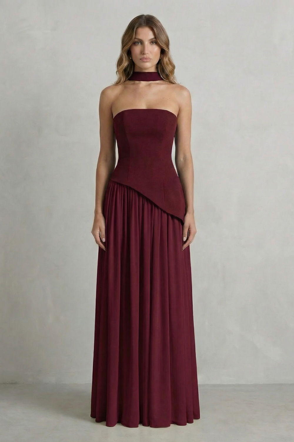 Women's Strapless Maxi Dress High Slit Draped Asymmetric Hem Corset Back