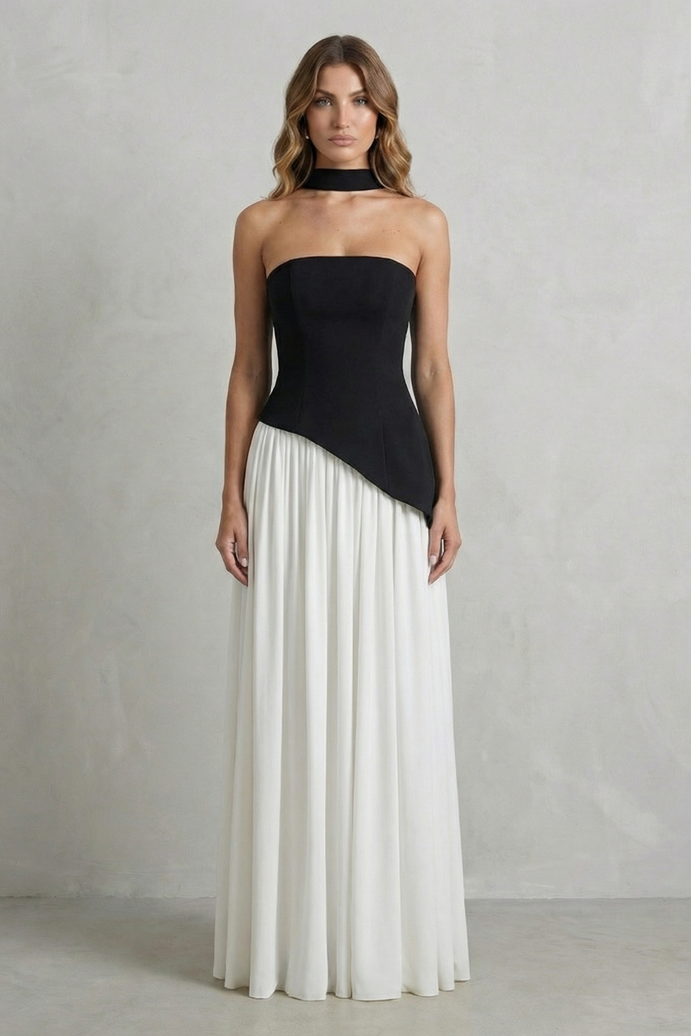 Women's Strapless Maxi Dress High Slit Draped Asymmetric Hem Corset Back