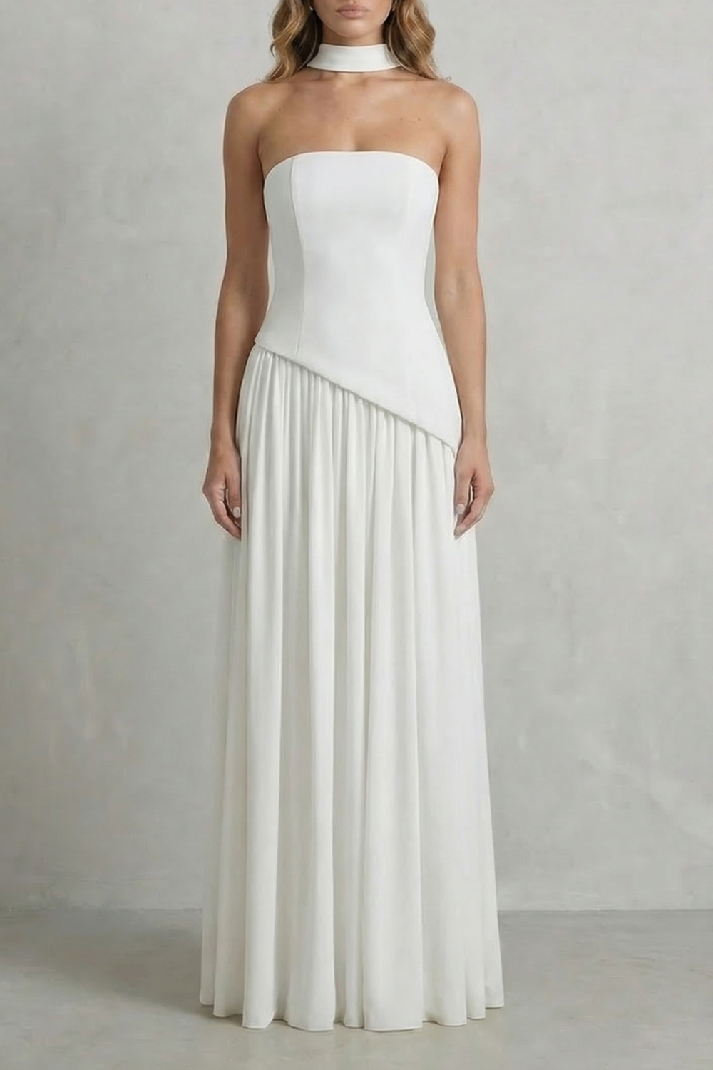 Women's Strapless Maxi Dress High Slit Draped Asymmetric Hem Corset Back