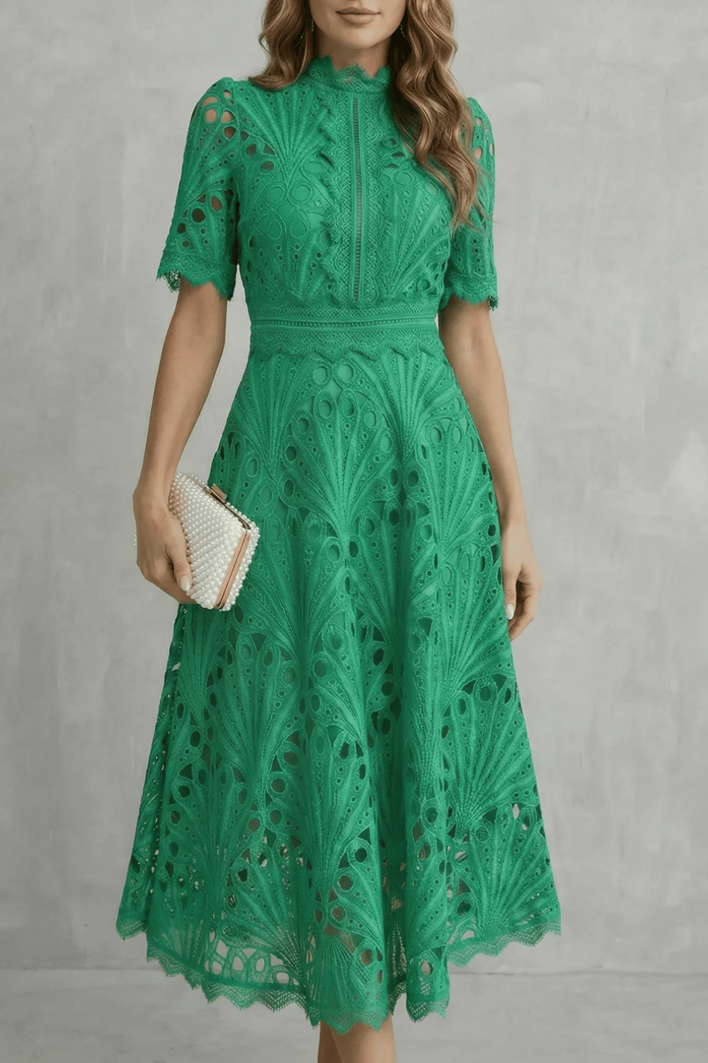 Women's Lace Midi Dress High Neck Short Sleeve Eyelet A-Line Cocktail Party