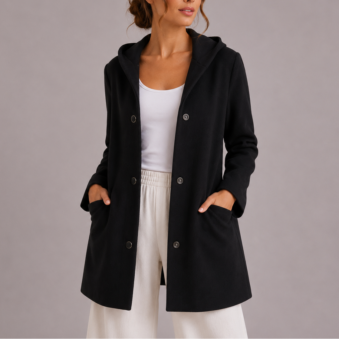 Women's Hooded Cardigan Coat Long Sleeve Button Front Pockets Casual