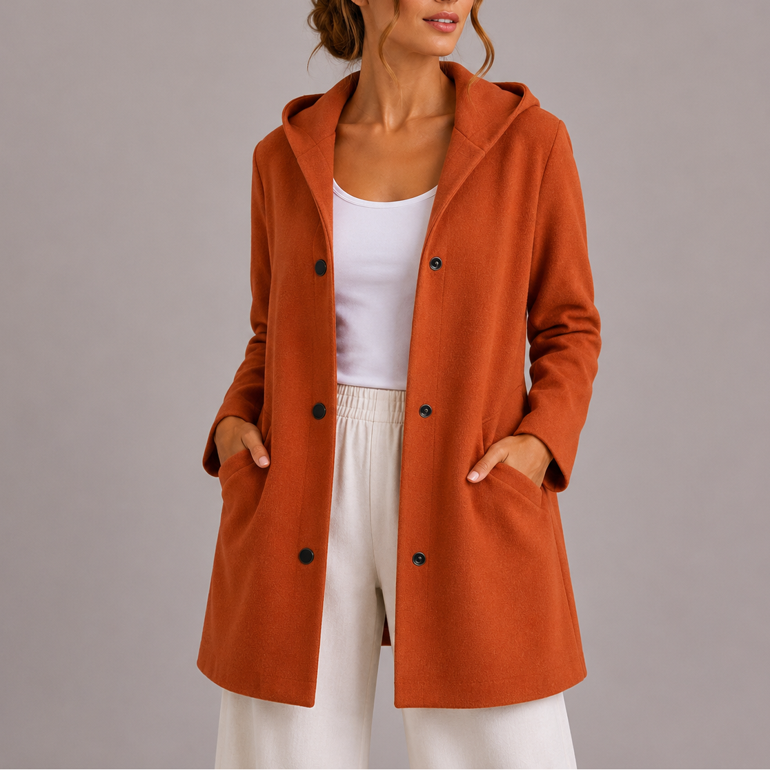 Women's Hooded Cardigan Coat Long Sleeve Button Front Pockets Casual