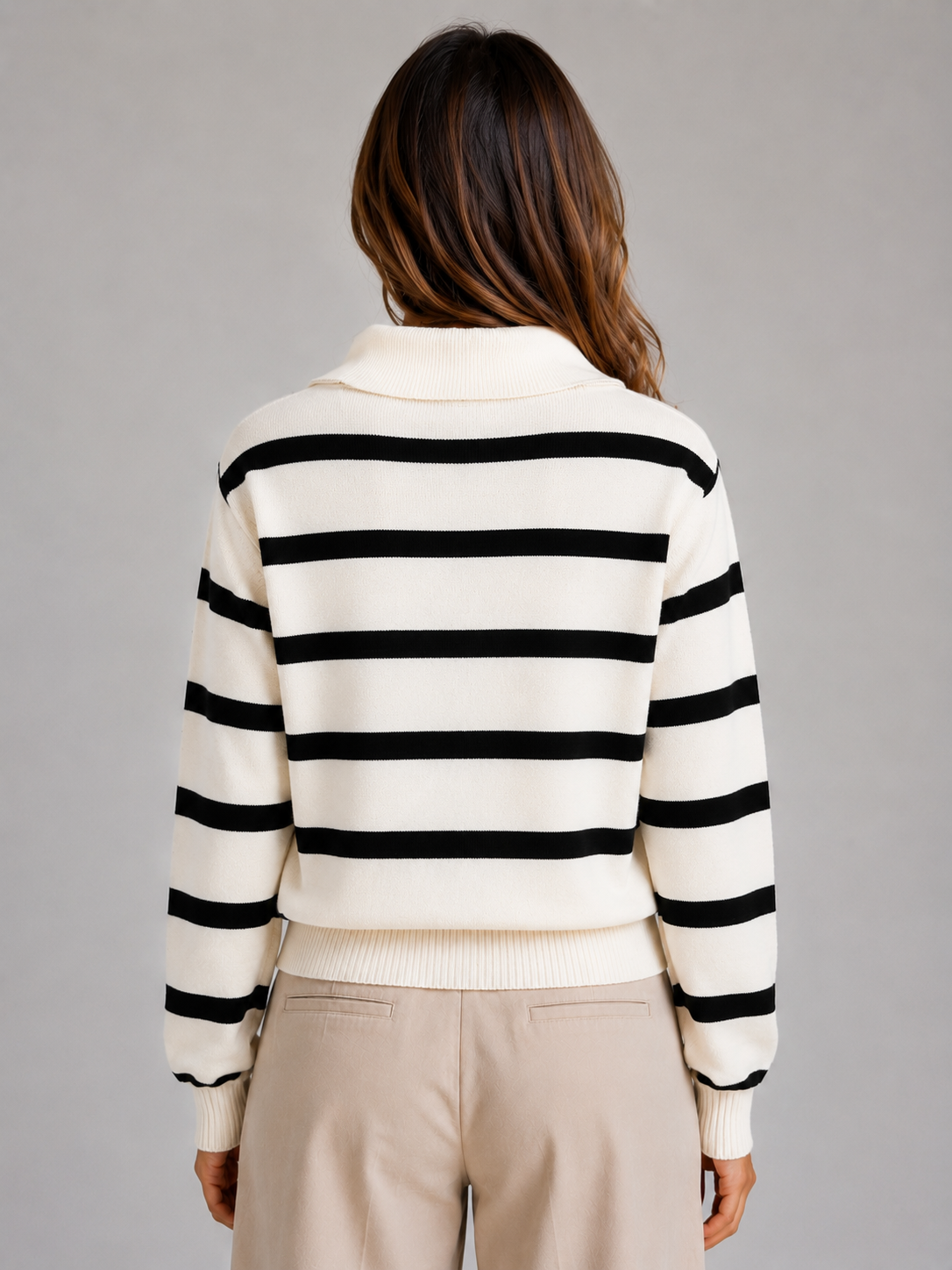 Women's Half-Zip Knit Sweater Striped Long Sleeve Collared Pullover