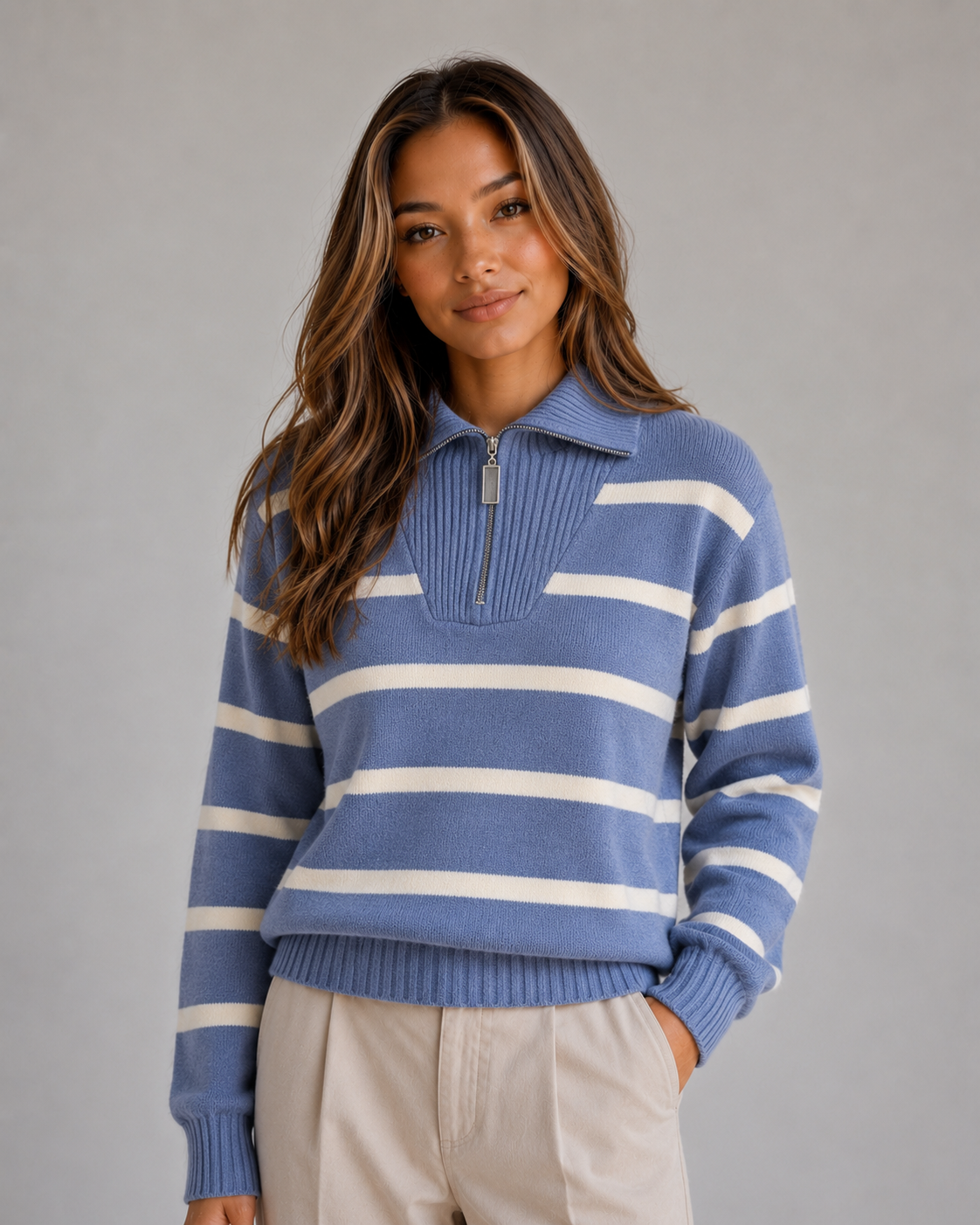 Women's Half-Zip Knit Sweater Striped Long Sleeve Collared Pullover