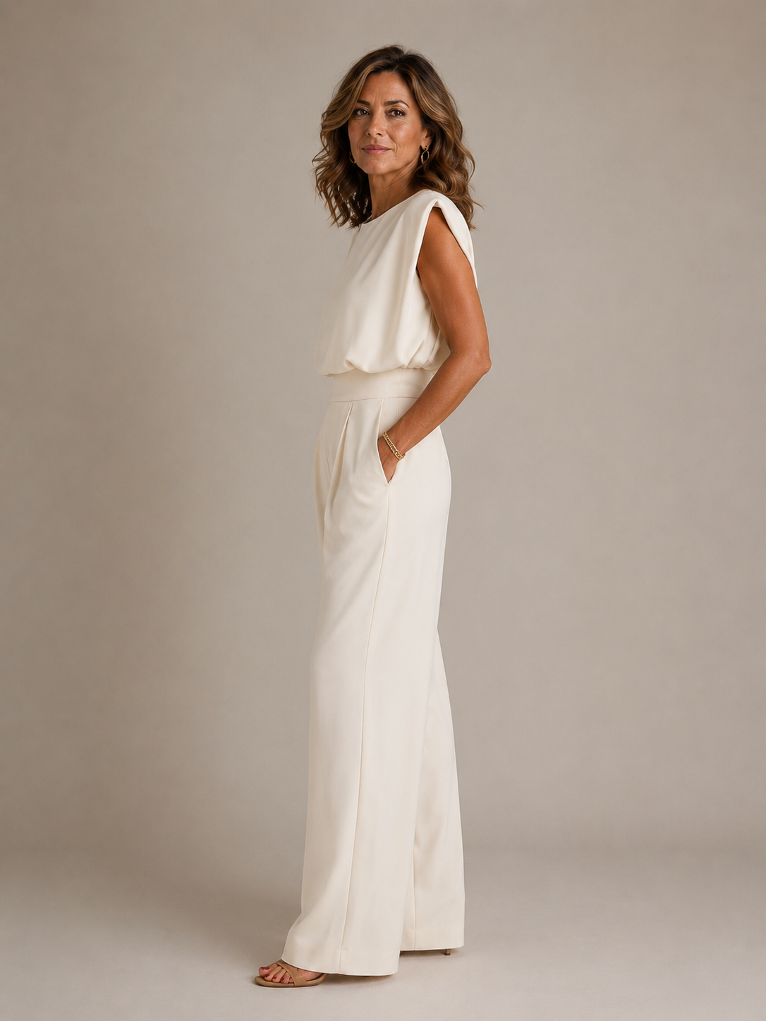Women's Wide Leg Jumpsuit Sleeveless Pleated Round Neck Ivory Everyday