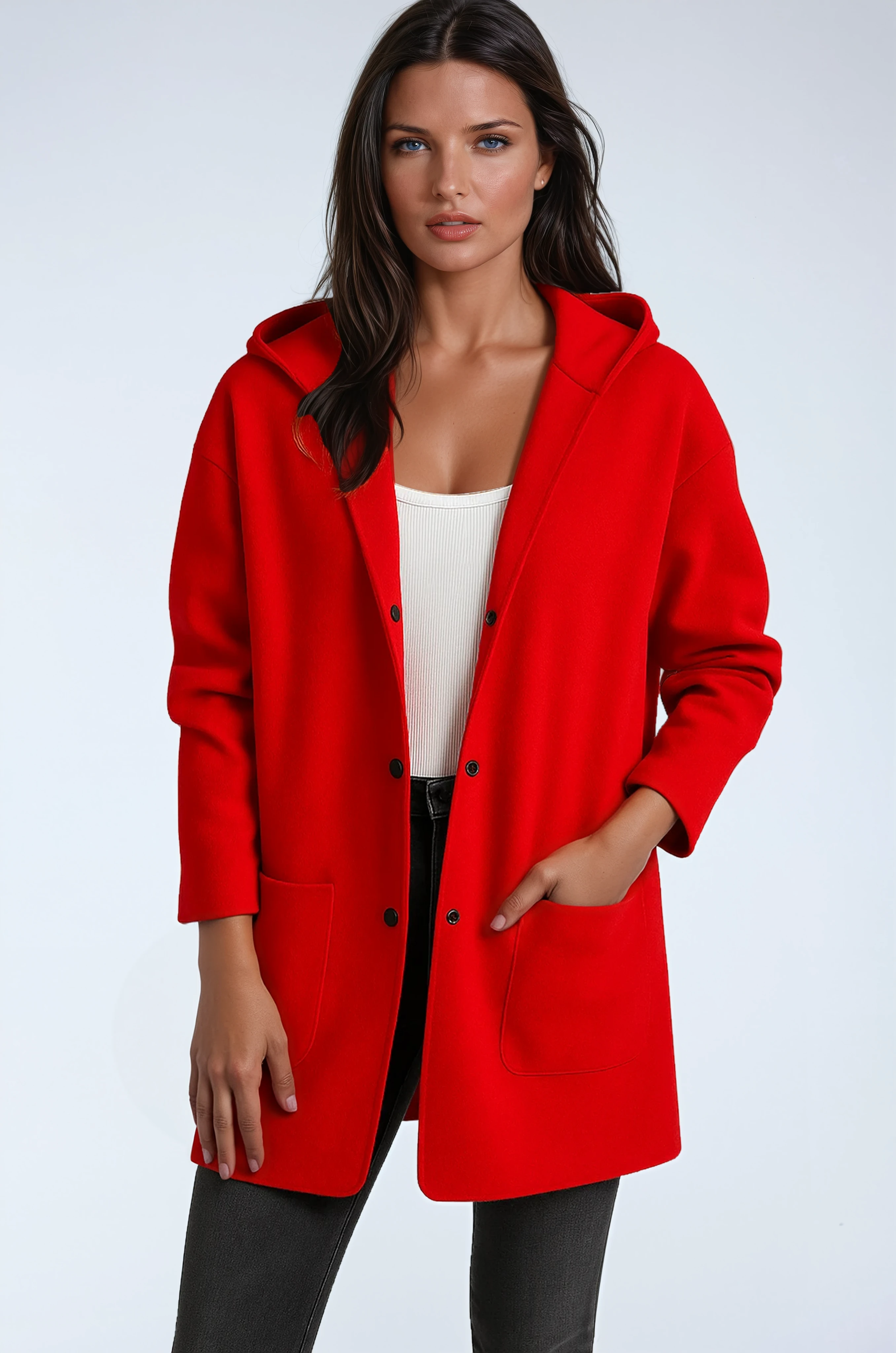 Women's Hooded Coat Wool Blend Mid Length Button Front Jacket