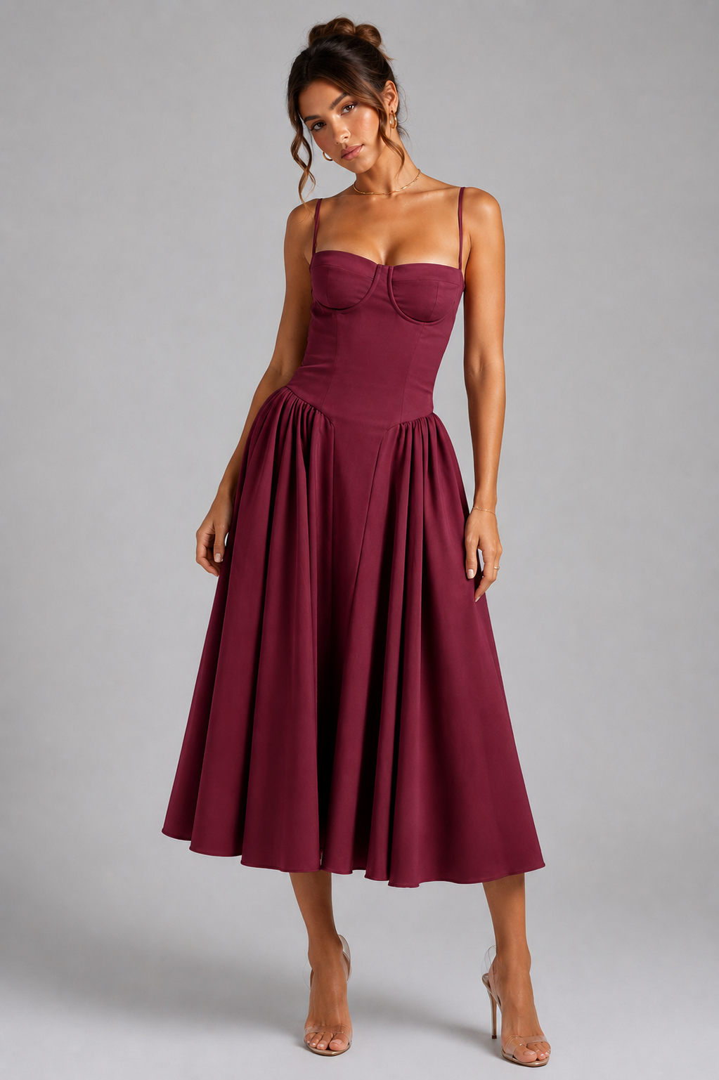 Women's Corset Midi Dress Sweetheart Neck Full Skirt Lace-Up Back Party