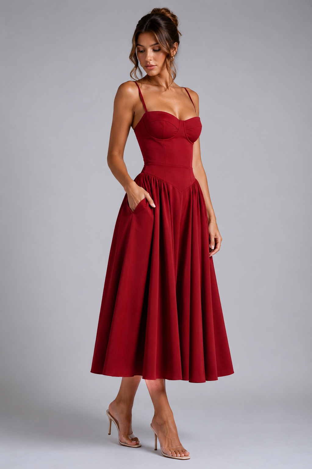 Women's Corset Midi Dress Sweetheart Neck Full Skirt Lace-Up Back Party