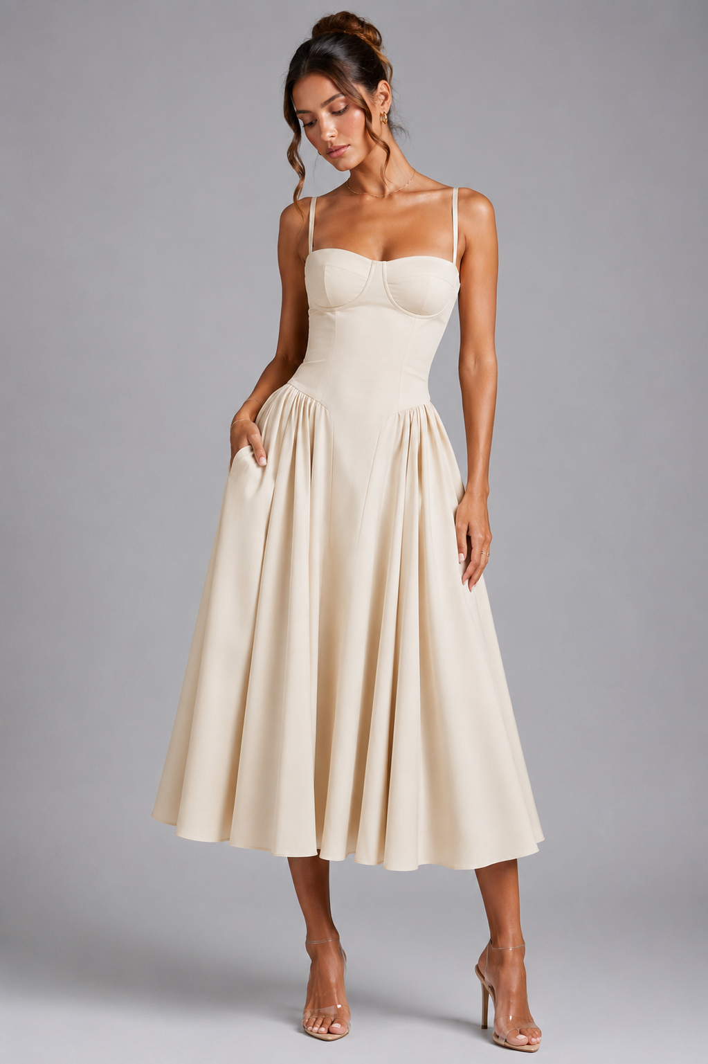 Women's Corset Midi Dress Sweetheart Neck Full Skirt Lace-Up Back Party