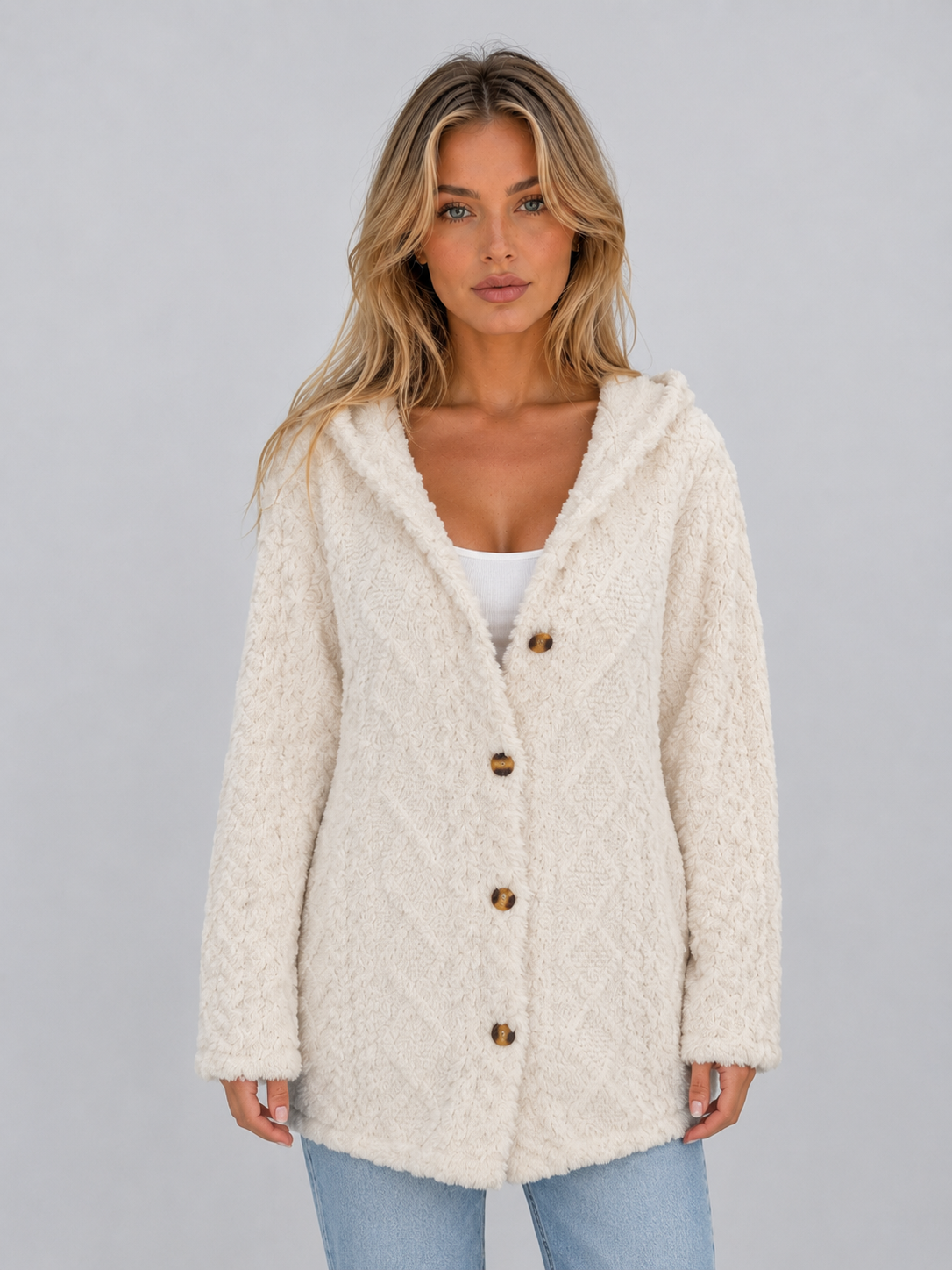 Women's Hooded Fleece Cardigan Button-Front Textured Long Sleeve Jacket