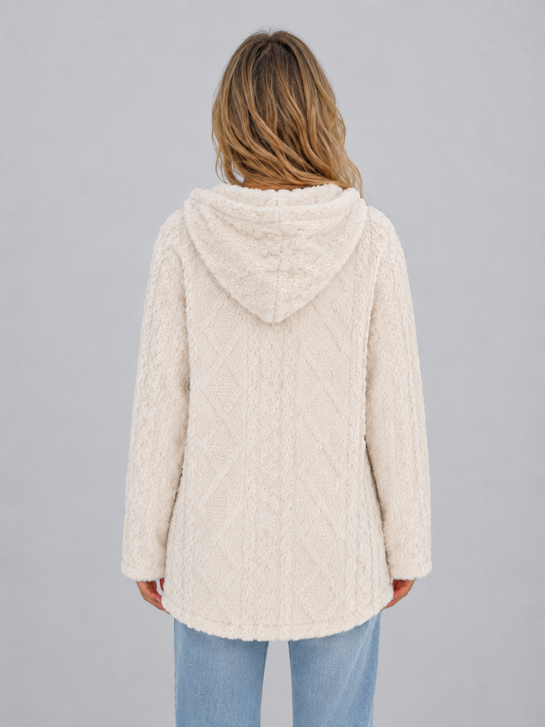 Women's Hooded Fleece Cardigan Button-Front Textured Long Sleeve Jacket