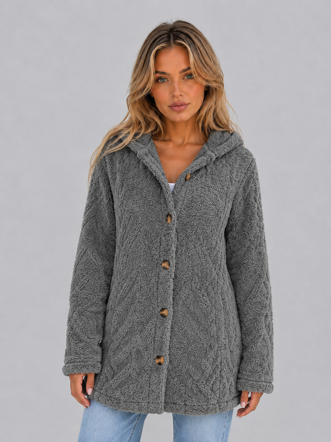 Women's Hooded Fleece Cardigan Button-Front Textured Long Sleeve Jacket