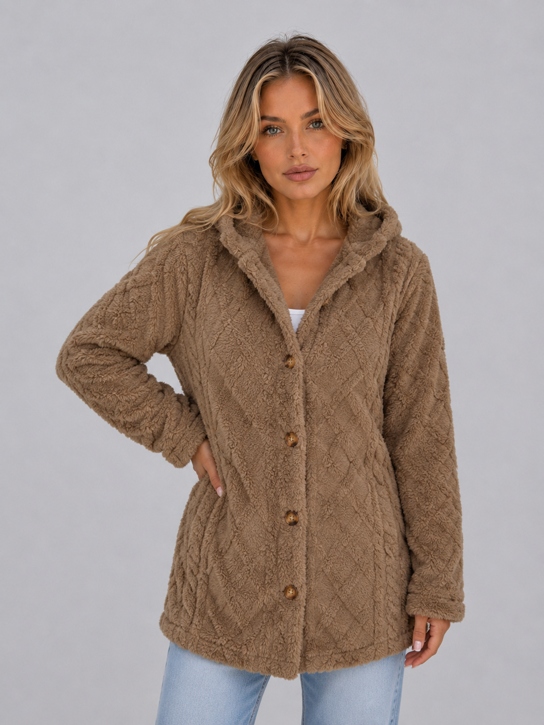 Women's Hooded Fleece Cardigan Button-Front Textured Long Sleeve Jacket