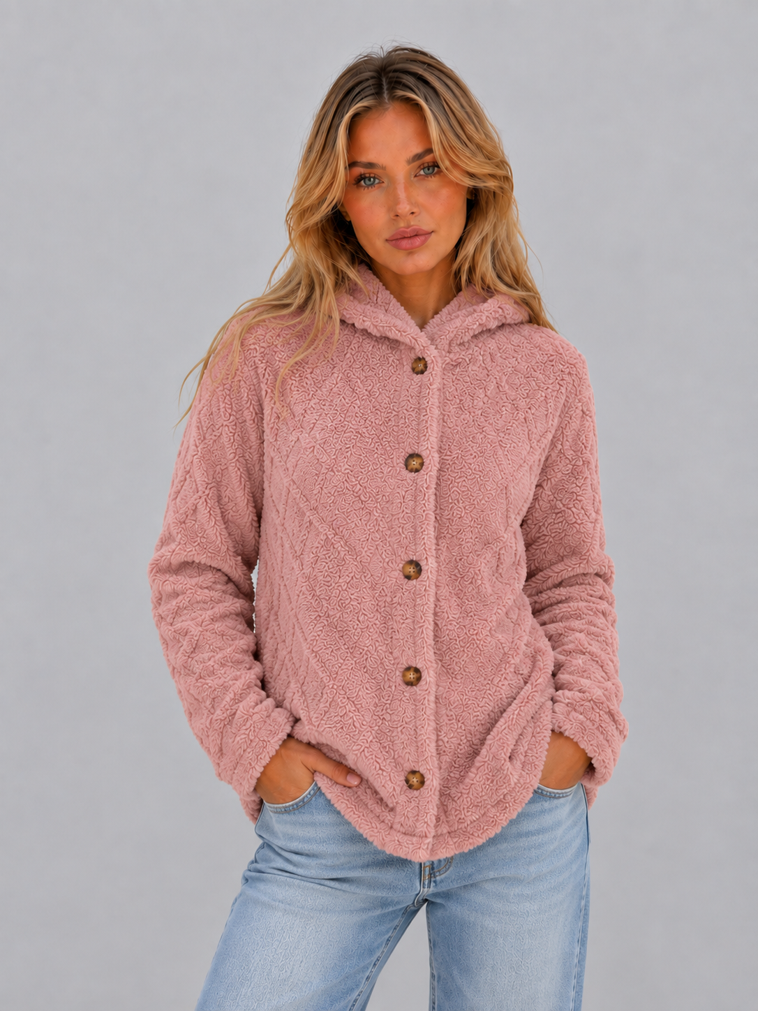 Women's Hooded Fleece Cardigan Button-Front Textured Long Sleeve Jacket