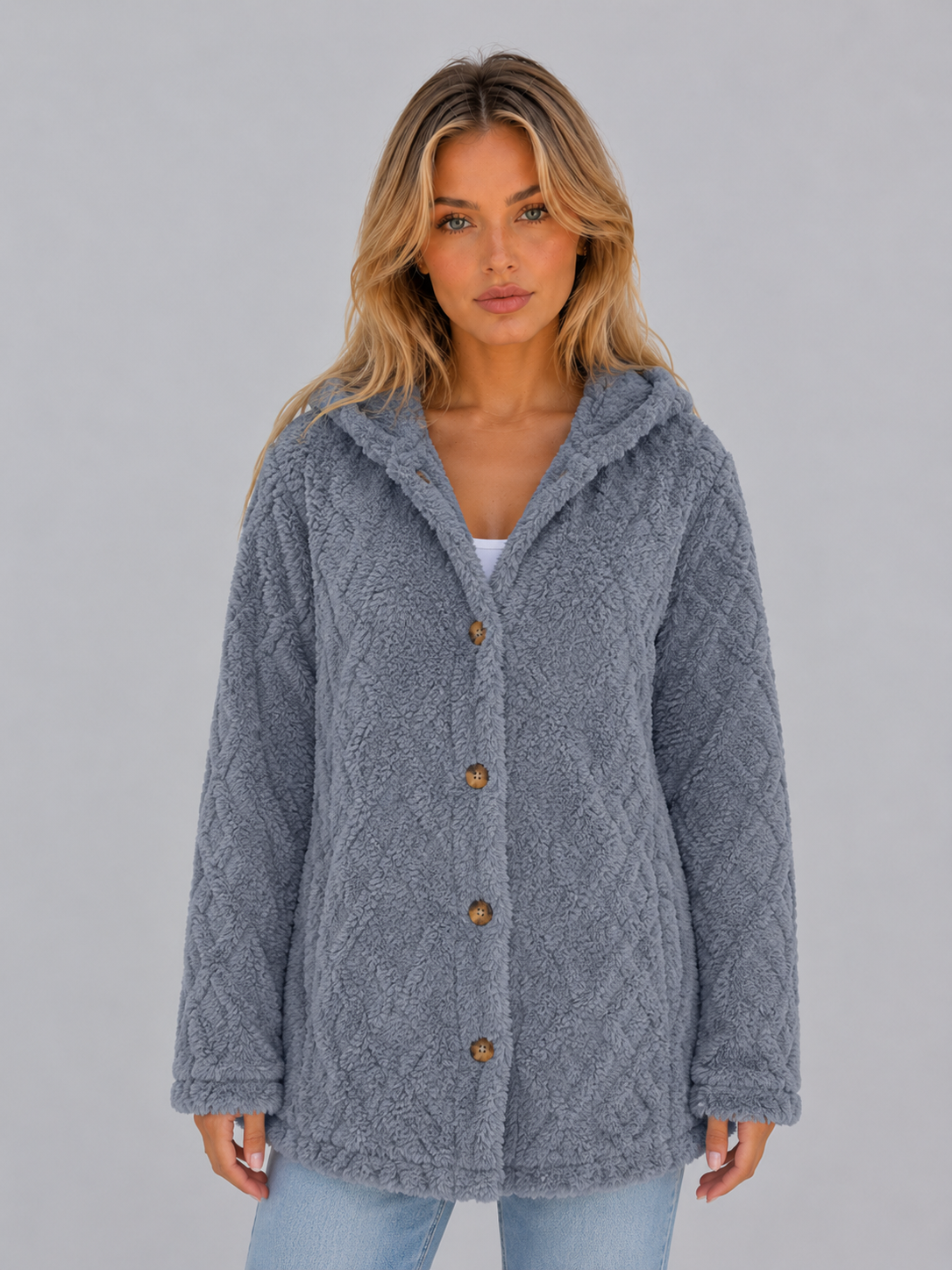 Women's Hooded Fleece Cardigan Button-Front Textured Long Sleeve Jacket