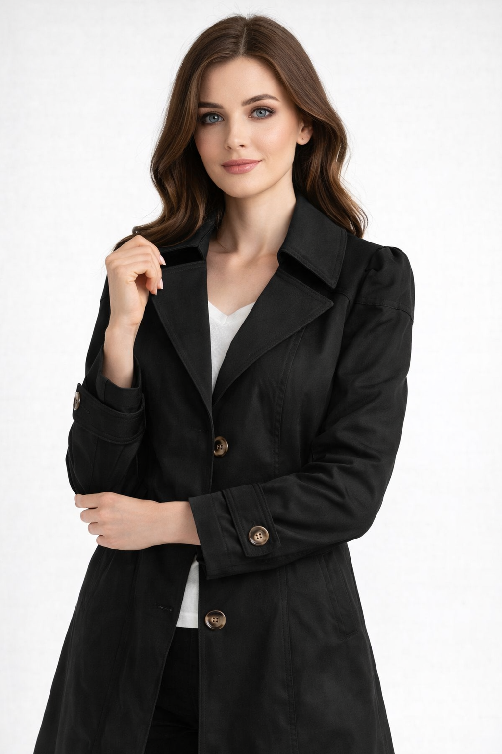Women's Trench Coat Notch Lapel Long Sleeve Button-Up Puff Shoulder Belted Outerwear