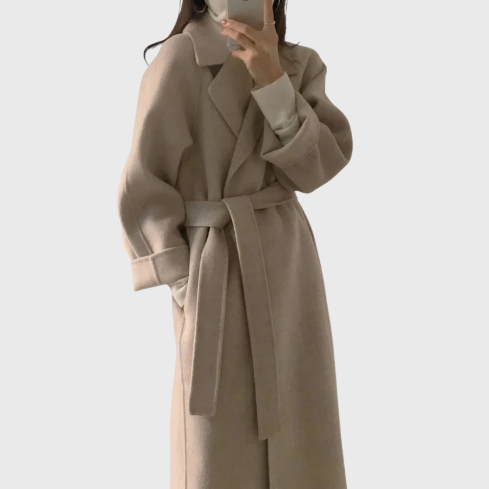 Women's Belted Wool-Blend Overcoat – Long Notch Lapel Tie-Waist Winter Coat