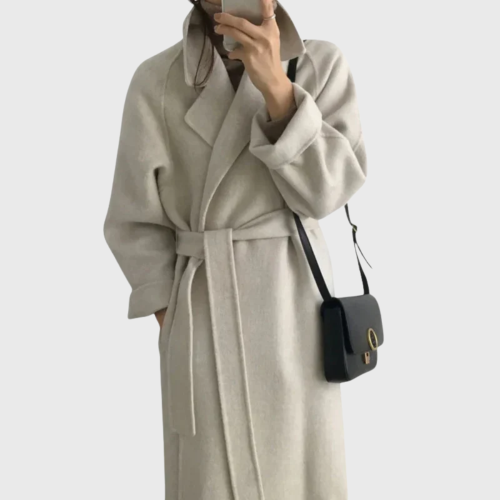 Women's Belted Wool-Blend Overcoat – Long Notch Lapel Tie-Waist Winter Coat