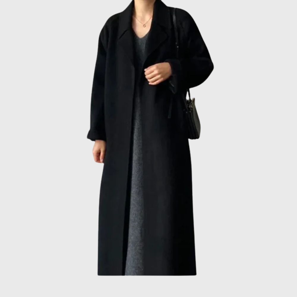 Women's Belted Wool-Blend Overcoat – Long Notch Lapel Tie-Waist Winter Coat