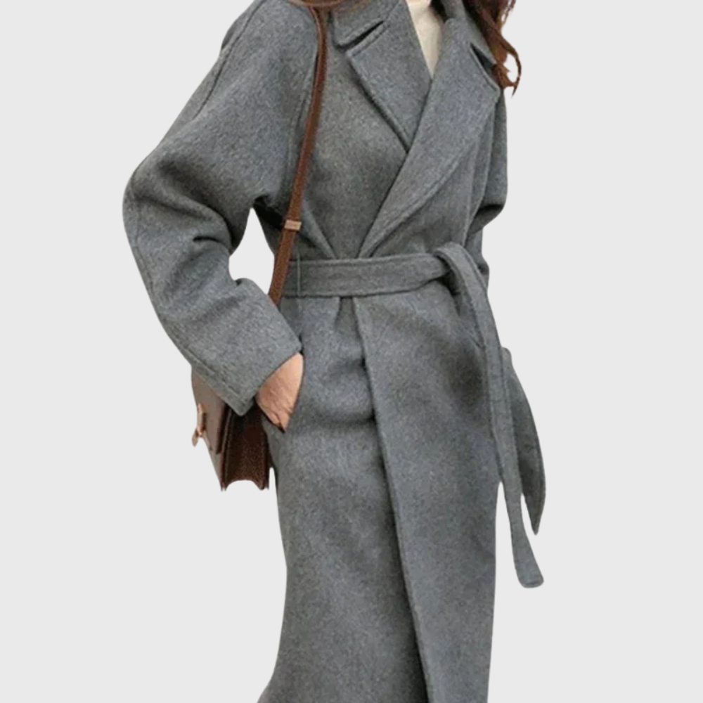 Women's Belted Wool-Blend Overcoat – Long Notch Lapel Tie-Waist Winter Coat
