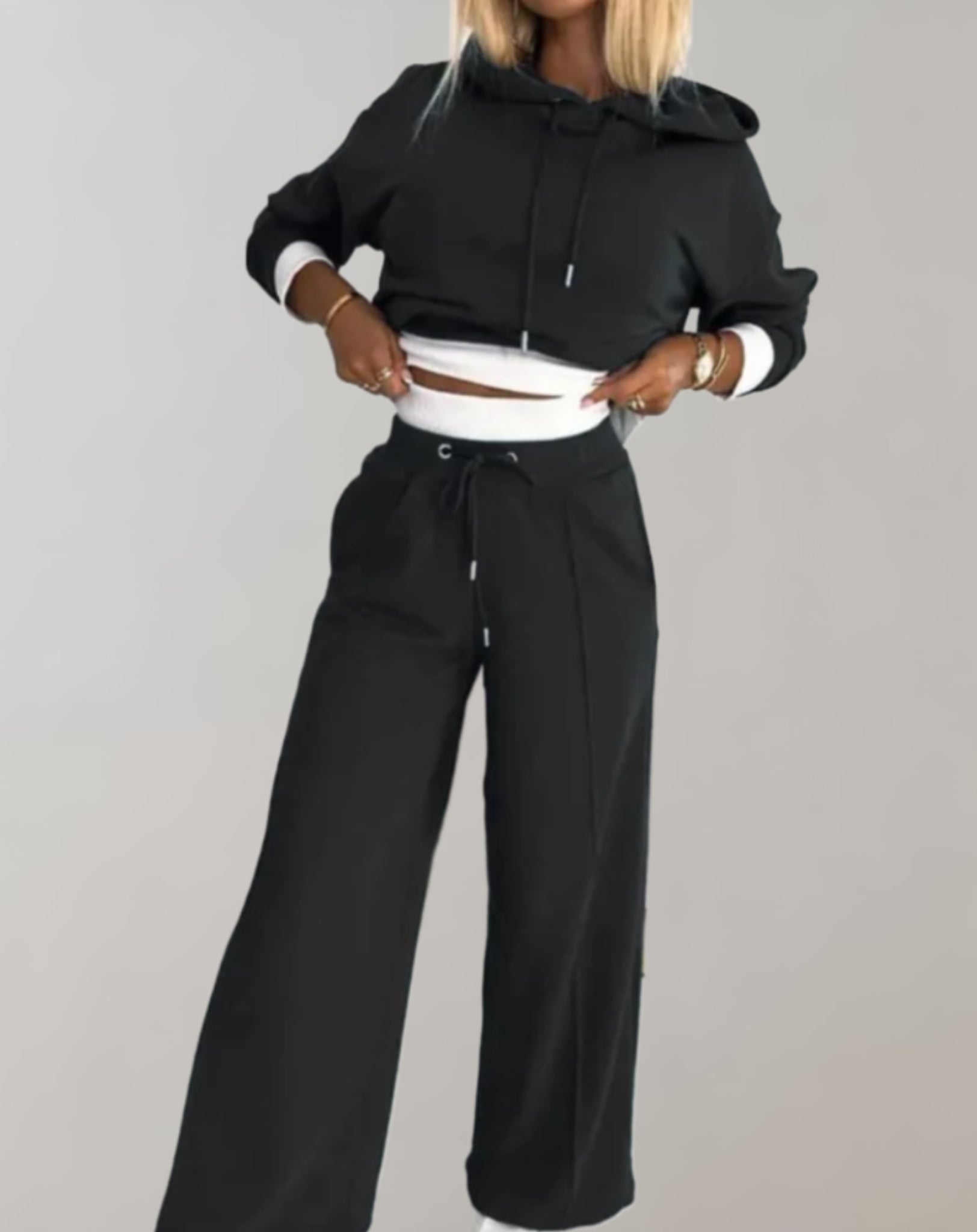 Women's Cropped Hoodie 2 Piece Set Wide Leg Pants Casual Loungewear
