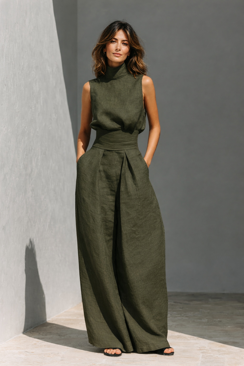 Women's Linen Two-Piece Set High Neck Sleeveless Wide Leg Pants