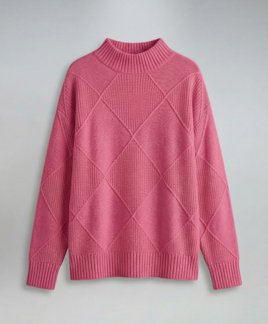 Women's Turtleneck Sweater Diamond Knit Long Sleeve Yellow Winter Pullover