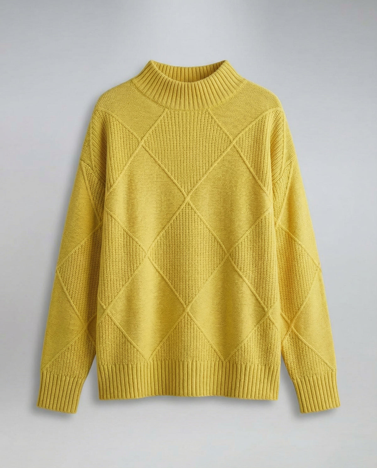 Women's Turtleneck Sweater Diamond Knit Long Sleeve Yellow Winter Pullover