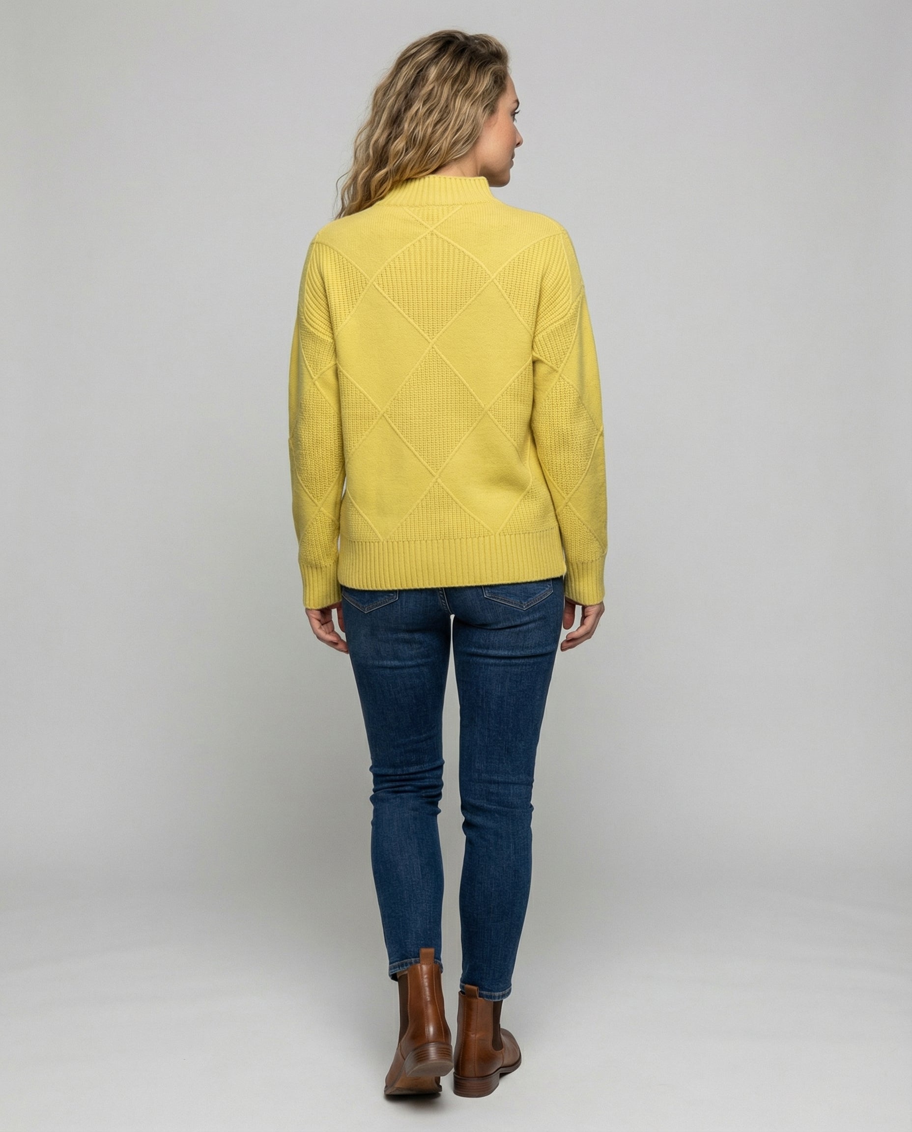 Women's Turtleneck Sweater Diamond Knit Long Sleeve Yellow Winter Pullover