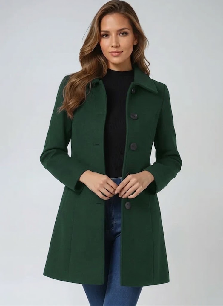Women's Trench Coat Fit and Flare Button Front Collared Winter Coat