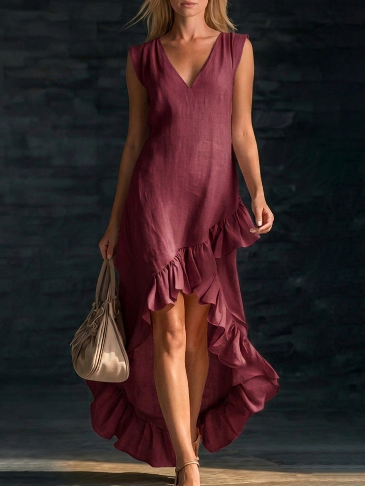 Women's Linen Maxi Dress V-Neck Ruffle Asymmetric Hem Sleeveless Beach