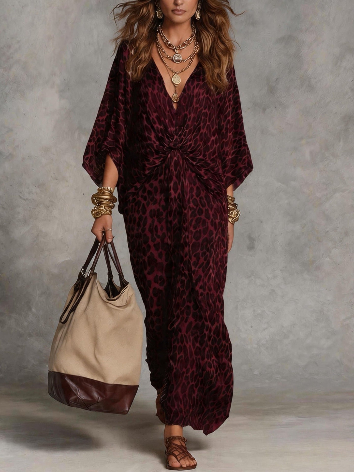 Women's Leopard Print Maxi Dress V-Neck Twist Front Batwing Sleeve Beach
