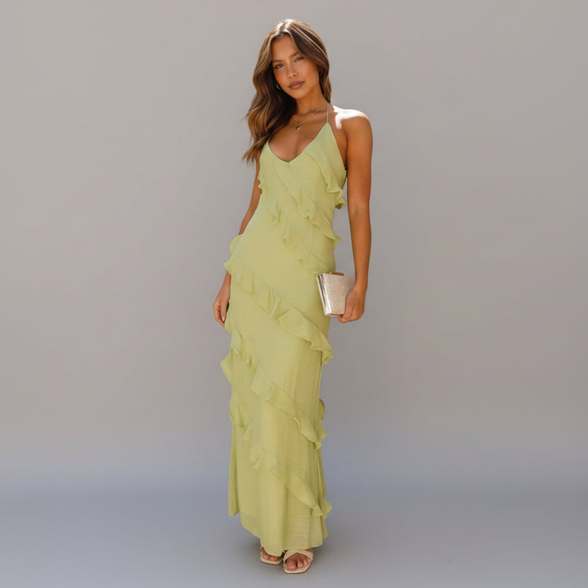 Women's Ruffle Maxi Dress V-Neck Tiered Spaghetti Strap Backless Party Formal