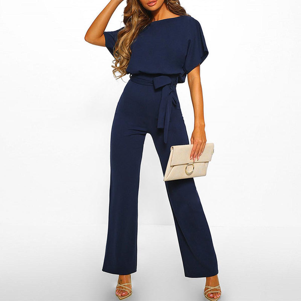 Women's Belted Jumpsuit Short Sleeve Wide Leg Boat Neck Casual