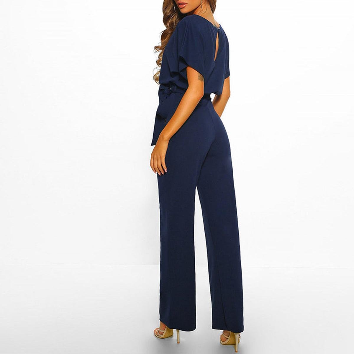 Women's Belted Jumpsuit Short Sleeve Wide Leg Boat Neck Casual