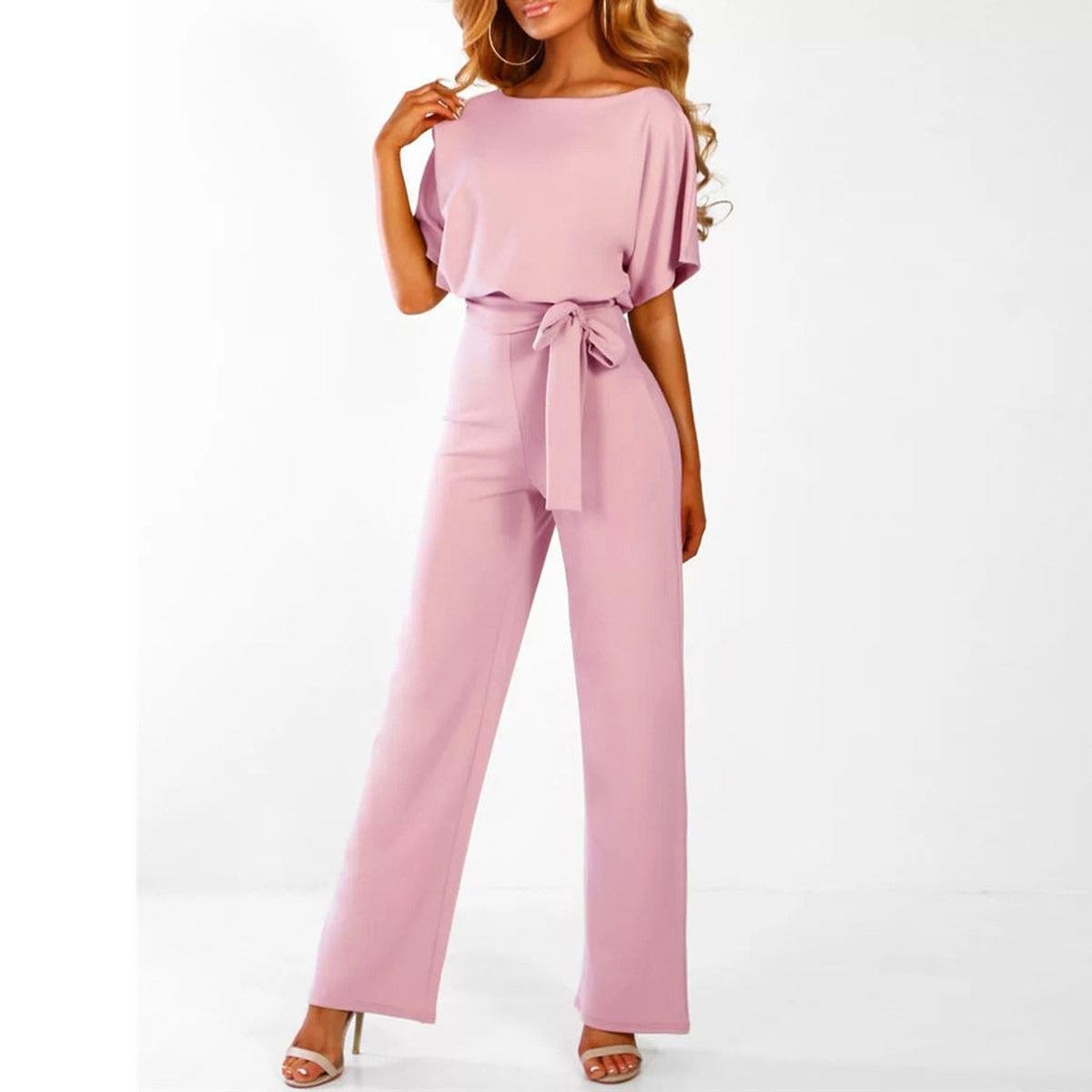 Women's Belted Jumpsuit Short Sleeve Wide Leg Boat Neck Casual