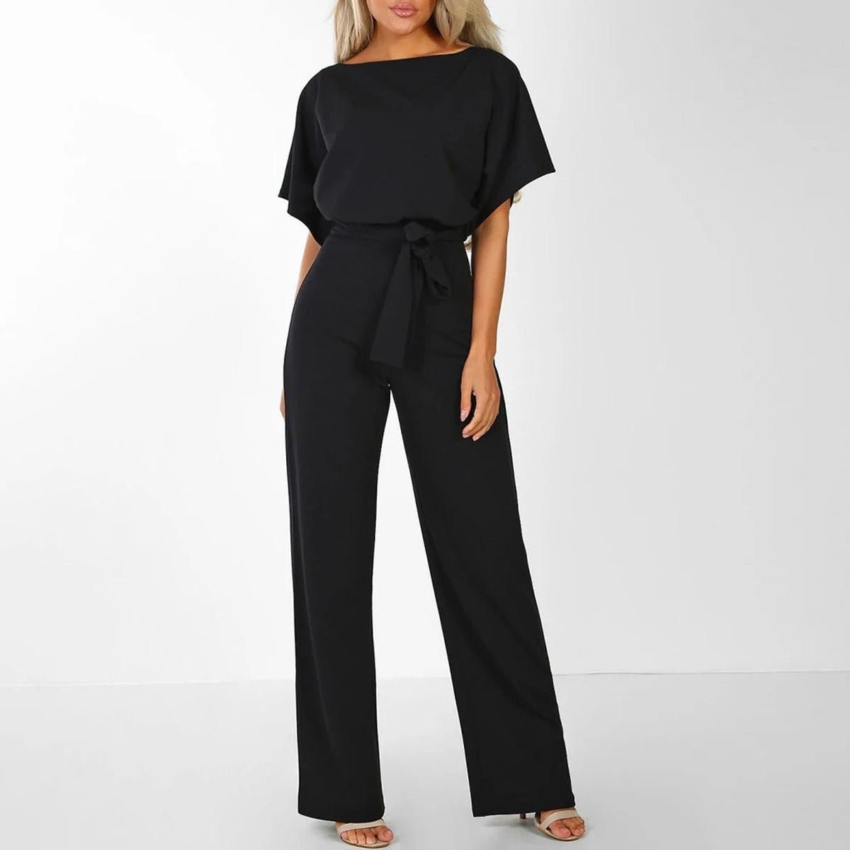 Women's Belted Jumpsuit Short Sleeve Wide Leg Boat Neck Casual
