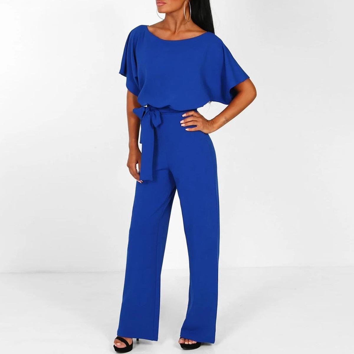Women's Belted Jumpsuit Short Sleeve Wide Leg Boat Neck Casual