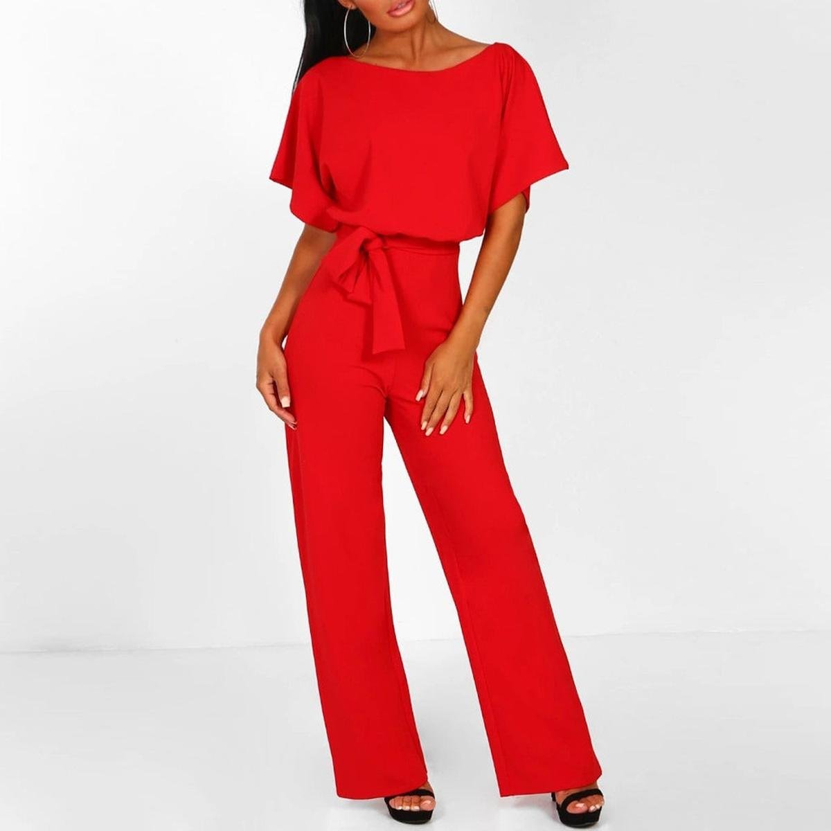 Women's Belted Jumpsuit Short Sleeve Wide Leg Boat Neck Casual