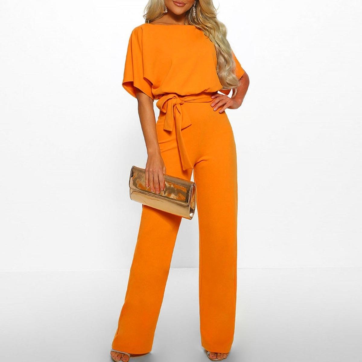 Women's Belted Jumpsuit Short Sleeve Wide Leg Boat Neck Casual