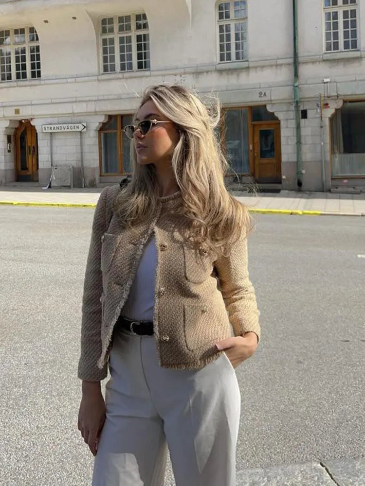 Women's Cropped Tweed Blazer Jacket Gold Button Frayed Trim Long Sleeve Casual